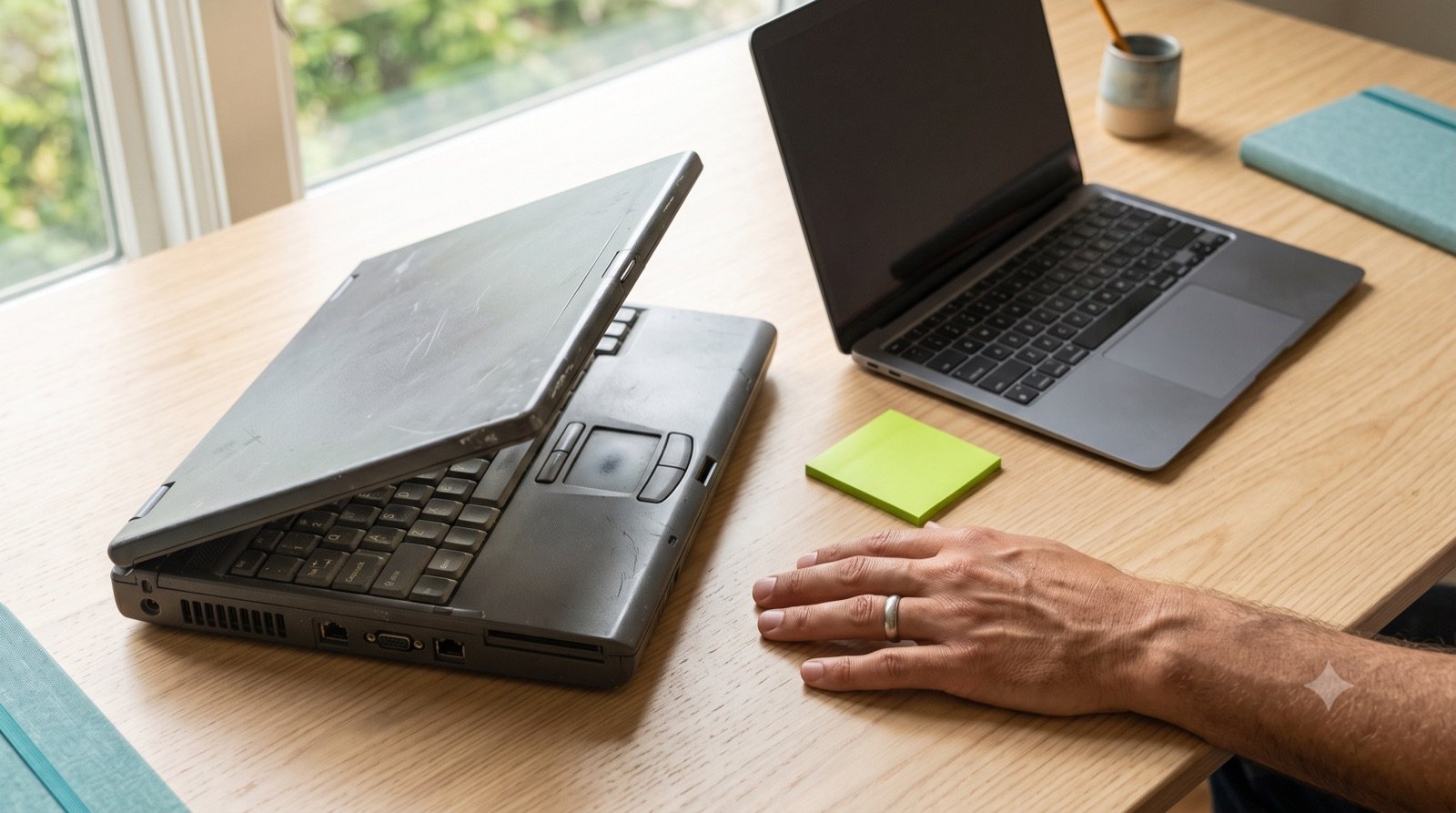 Stary i nowy laptop obok siebie na biurku, naprawiać czy kupić nowy