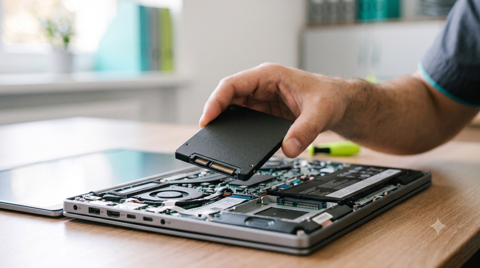 Wymiana dysku na SSD w otwartym laptopie