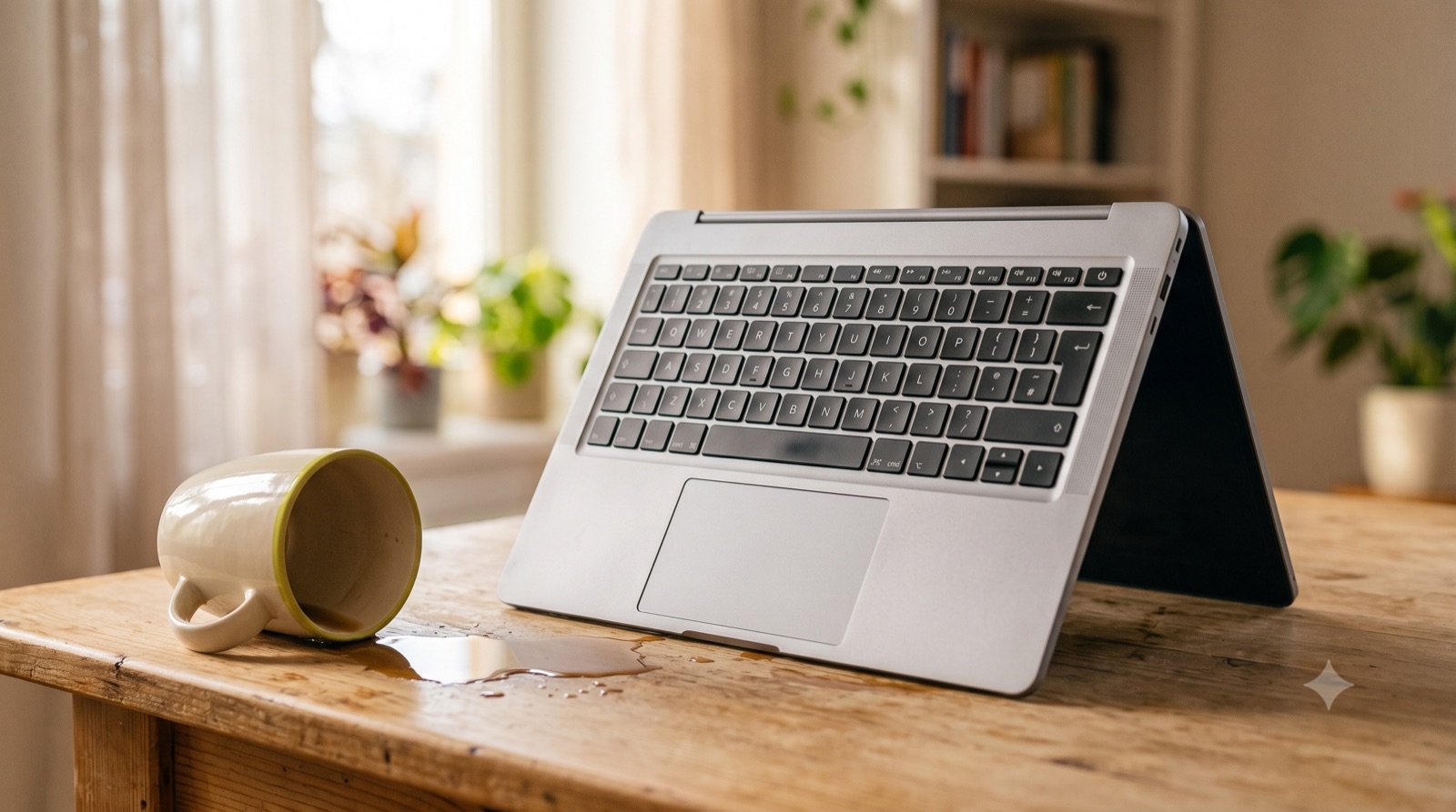 Zalany laptop postawiony do wyschnięcia obok rozlanej kawy