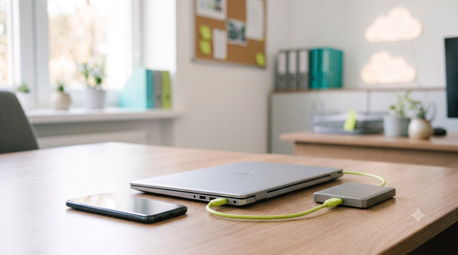 Telefon, laptop i dysk zewnętrzny, kopia zapasowa zdjęć
