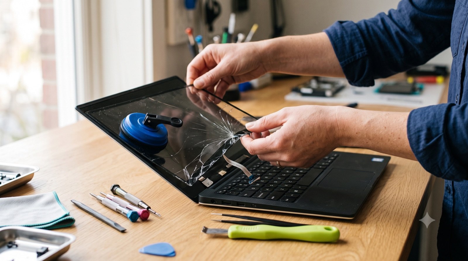 Wymiana pękniętej matrycy w otwartym laptopie na blacie serwisowym