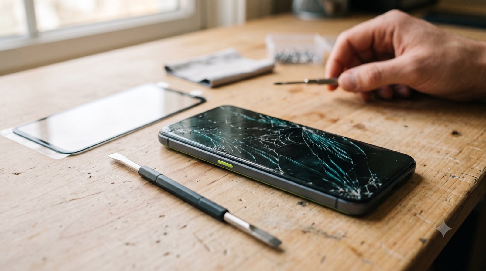 Telefon z pękniętą szybką i narzędzia do wymiany na biurku