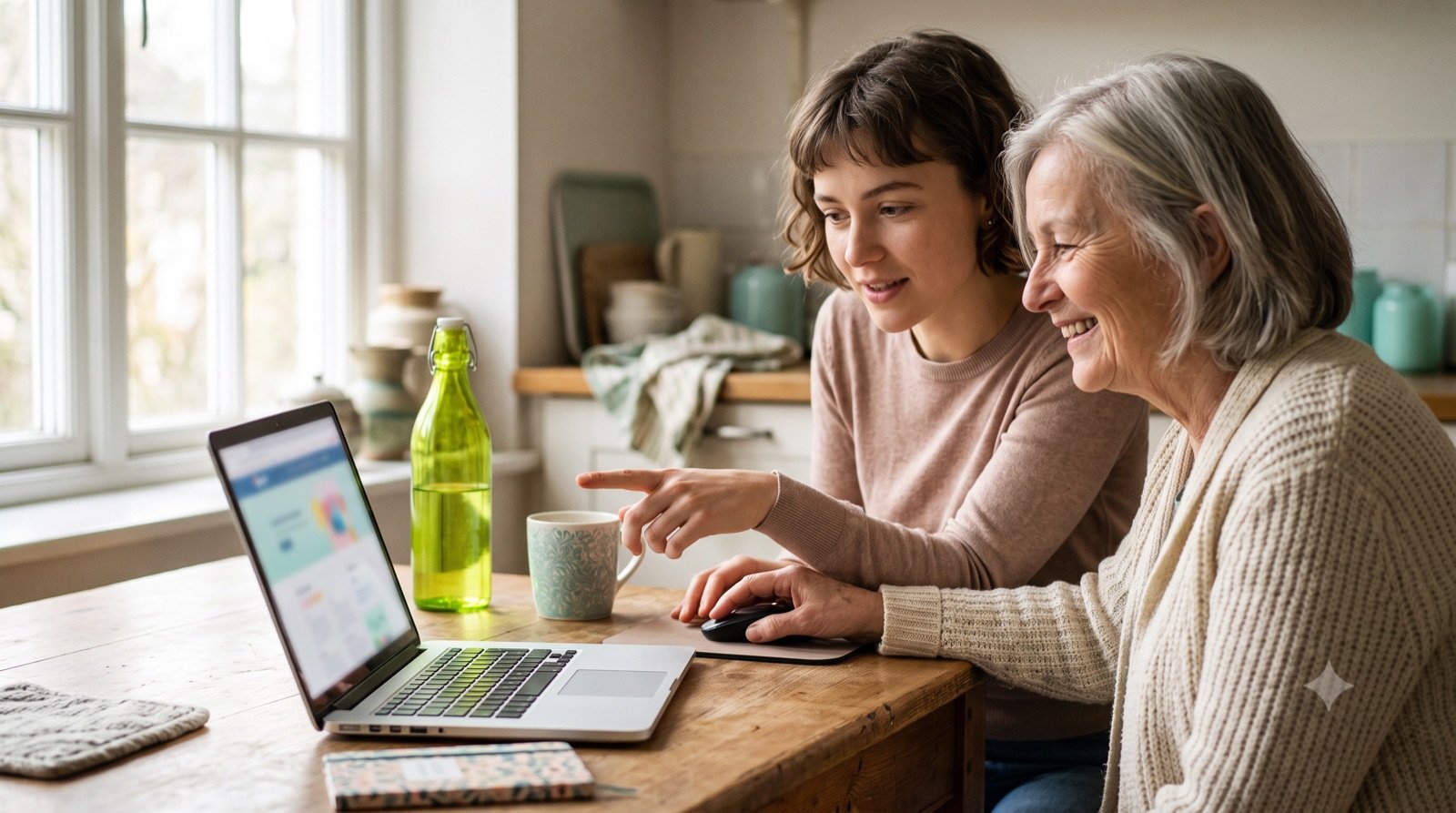 Serwisant cierpliwie pomaga seniorowi przy laptopie