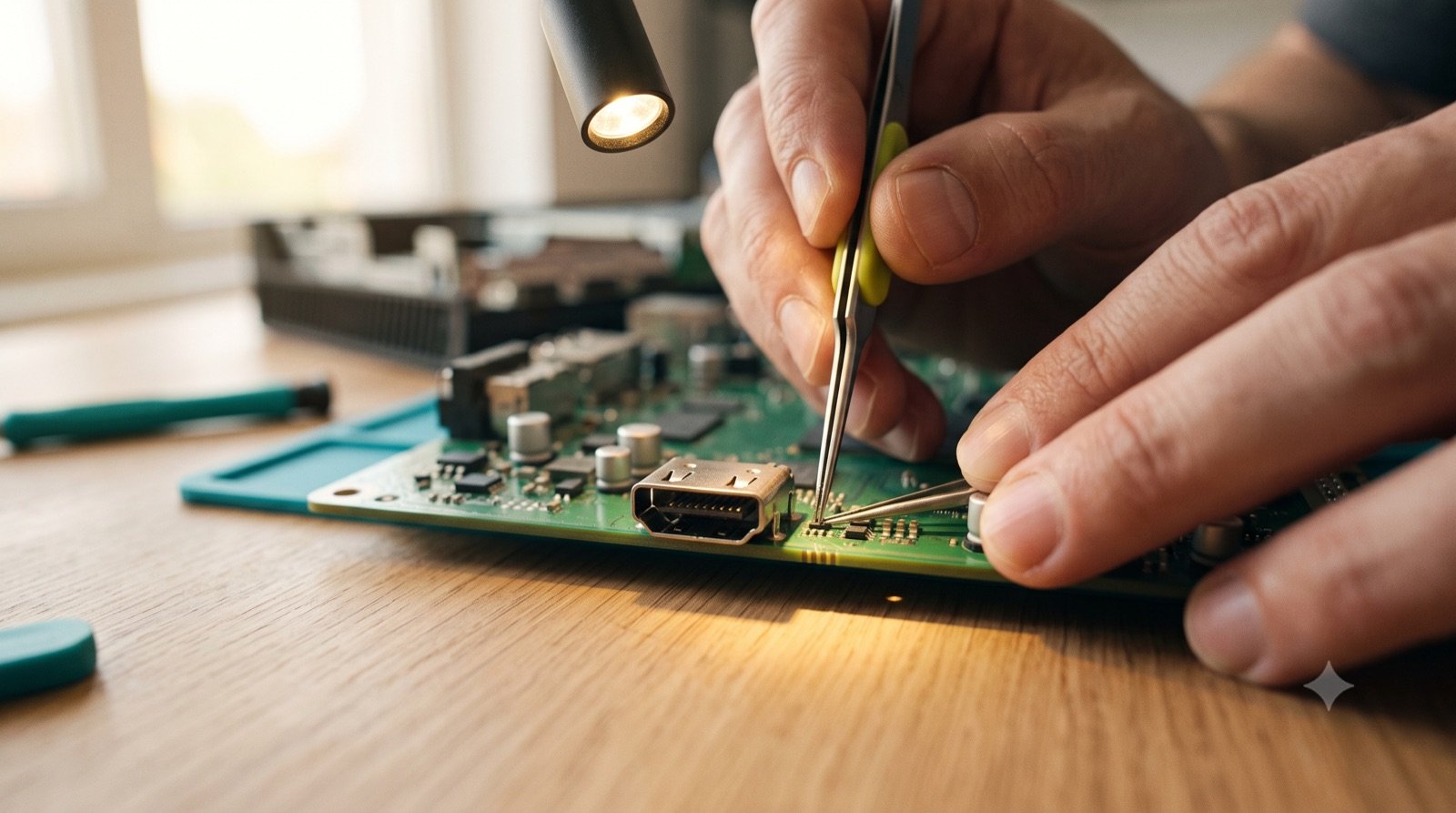 Naprawa gniazda HDMI w otwartej konsoli do gier, macro