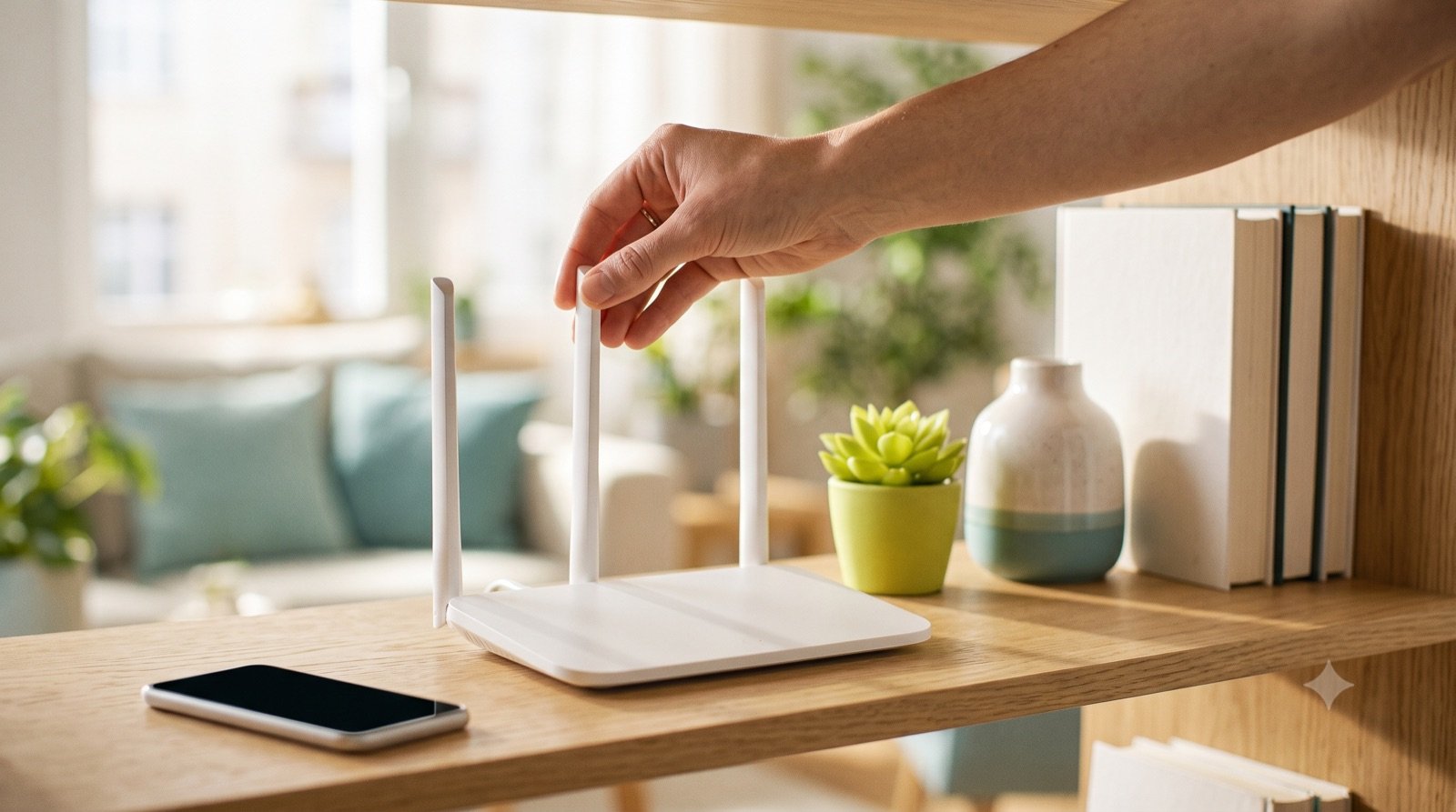 Router Wi-Fi na półce, dłoń poprawia antenę