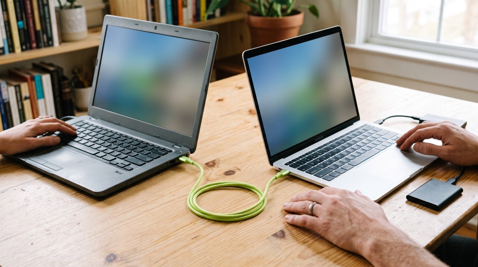Stary i nowy laptop połączone kablem, przenoszenie danych