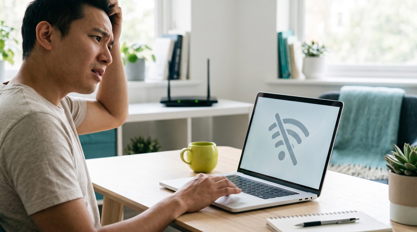 Laptop z przekreślonym symbolem Wi-Fi, brak internetu