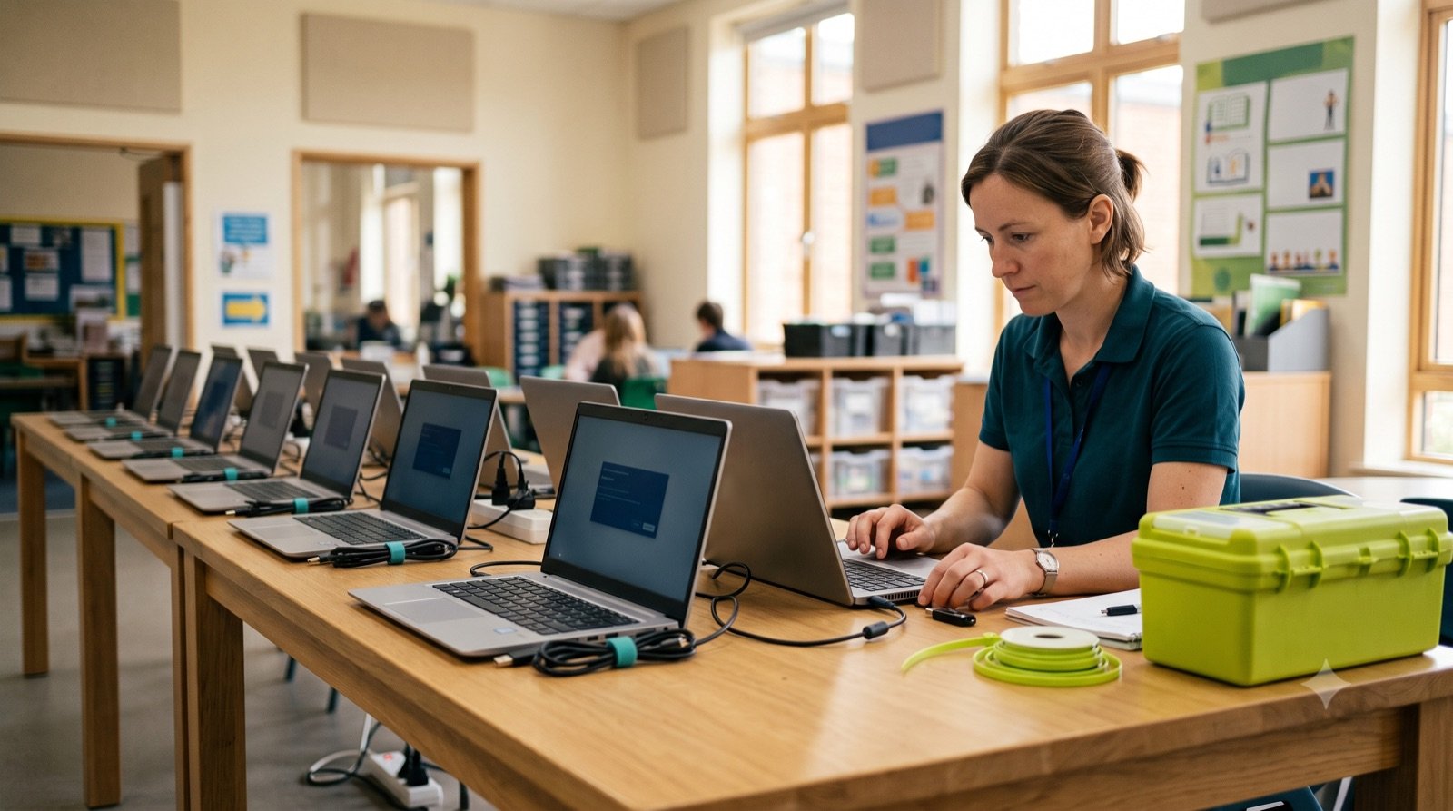 Rząd nowych laptopów przygotowywanych do wdrożenia w szkole